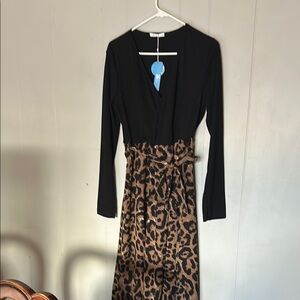 Cupshe Leopard Print Midi Dress Black Top Long Sleeve NWT Size S